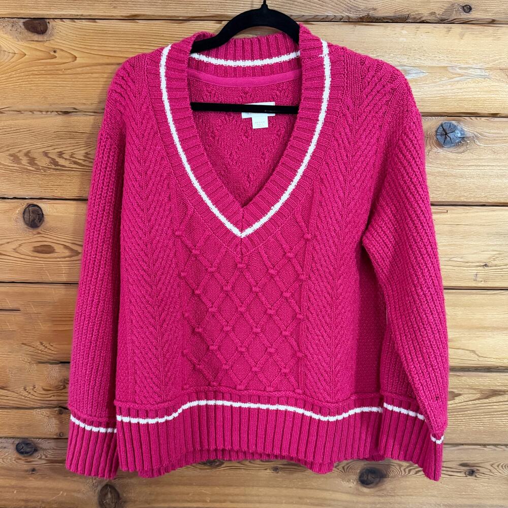 Maeve Bright Pink V-Neck Cable Knit Sweater with White Stripe Trim